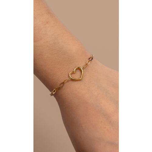 Pulseira Elo Oval com Coração Vazado de Ouro 18k 