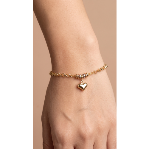 Pulseira Portuguesa Coração Tricolor 3 mm de Ouro 18k