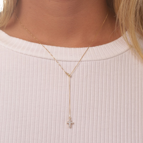 Colar Pingente Gravata Cruz de Ouro 18k Com Pedras