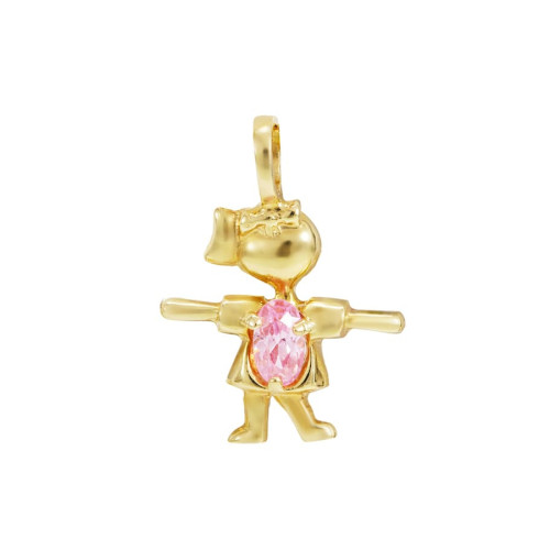 Pingente Boneco Menina 1,5 cm de Ouro 18k Com Pedra Rosa