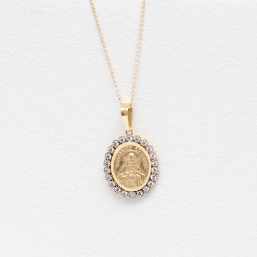 Pingente Medalha Sagrado Coração de Jesus com Pedras de Ouro 18k