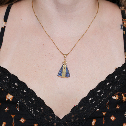 Pingente Nossa Senhora Aparecida 3,7cm de Ouro 18k Com Pedras