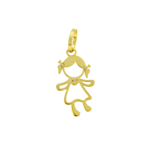 Pingente Boneco Menina 1,5 cm com Diamante de Ouro 18k